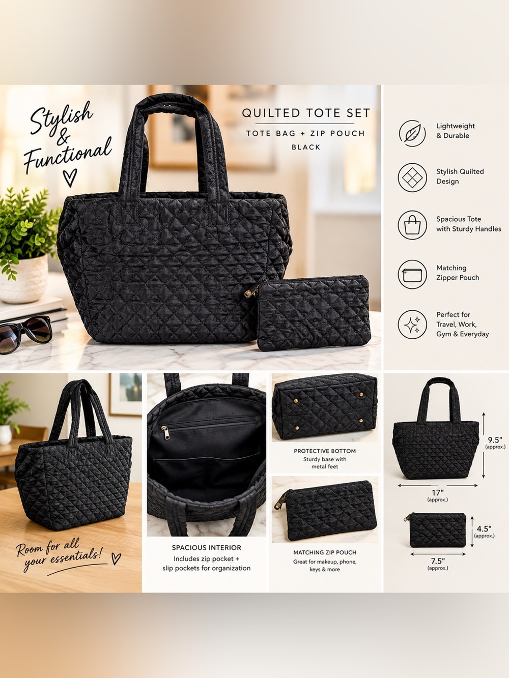 NWT Black Quilted Large Tote Bag & Matching Pouch | $74 Retail